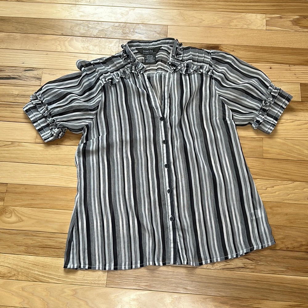 George sheer, gray and white button front top with ruffle details size small